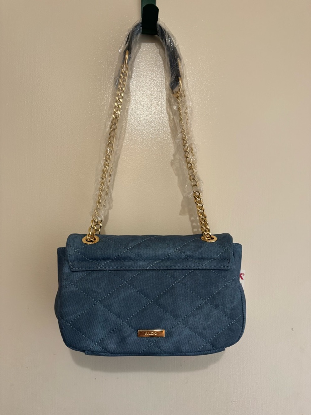 ALDO Honeoye Satchel Quilted Blue Denim Shoulder Bag with Pink 'Amour' patch - Picture 5 of 8